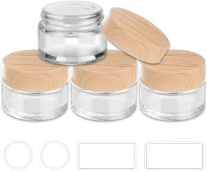 1 oz Glass Jars with Lids, Small Glass Containers with Plastic Woodgrain Lids & Inner Liners, Reusable Travel Containers for Creams, Makeup, Lotion, Cosmetic 4 pack