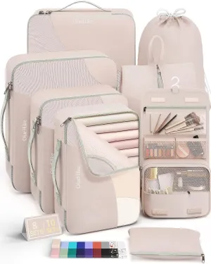 10 Set/8 Set Packing Cubes for Travel, Gifts for Women Mom,Anti-Tearing Suitcase Organizer for Luggage with Shoe & Hanging Toiletry Bag,OlarHike Vacation Essentials & Accessories for Cruise Ship,Cream