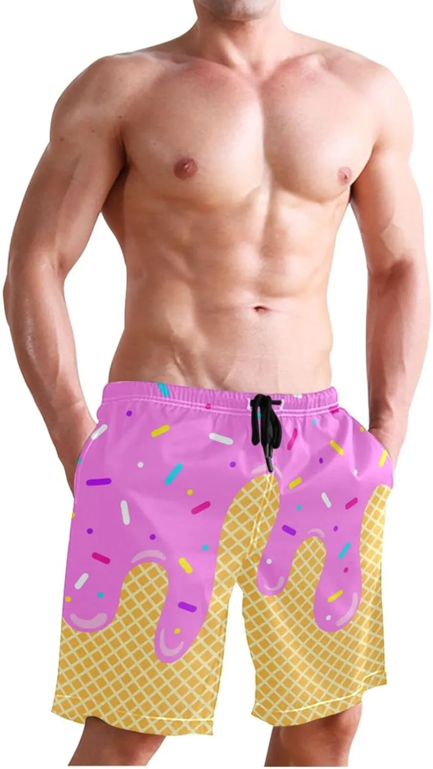Boccsty Ice Cream Melts Cones Men's Boy's Novelty Beach Shorts Swim Trunks Summer Quick Dry Bathing Suits S-XXL