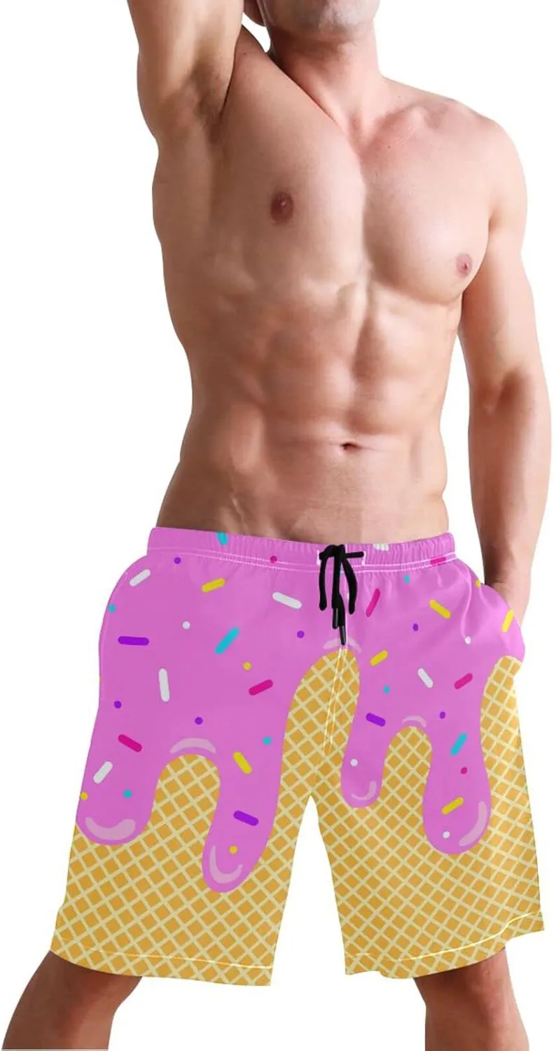 Boccsty Ice Cream Melts Cones Men's Boy's Novelty Beach Shorts Swim Trunks Summer Quick Dry Bathing Suits S-XXL