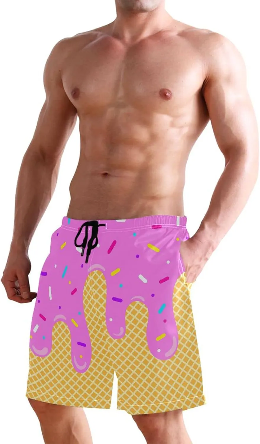 Boccsty Ice Cream Melts Cones Men's Boy's Novelty Beach Shorts Swim Trunks Summer Quick Dry Bathing Suits S-XXL