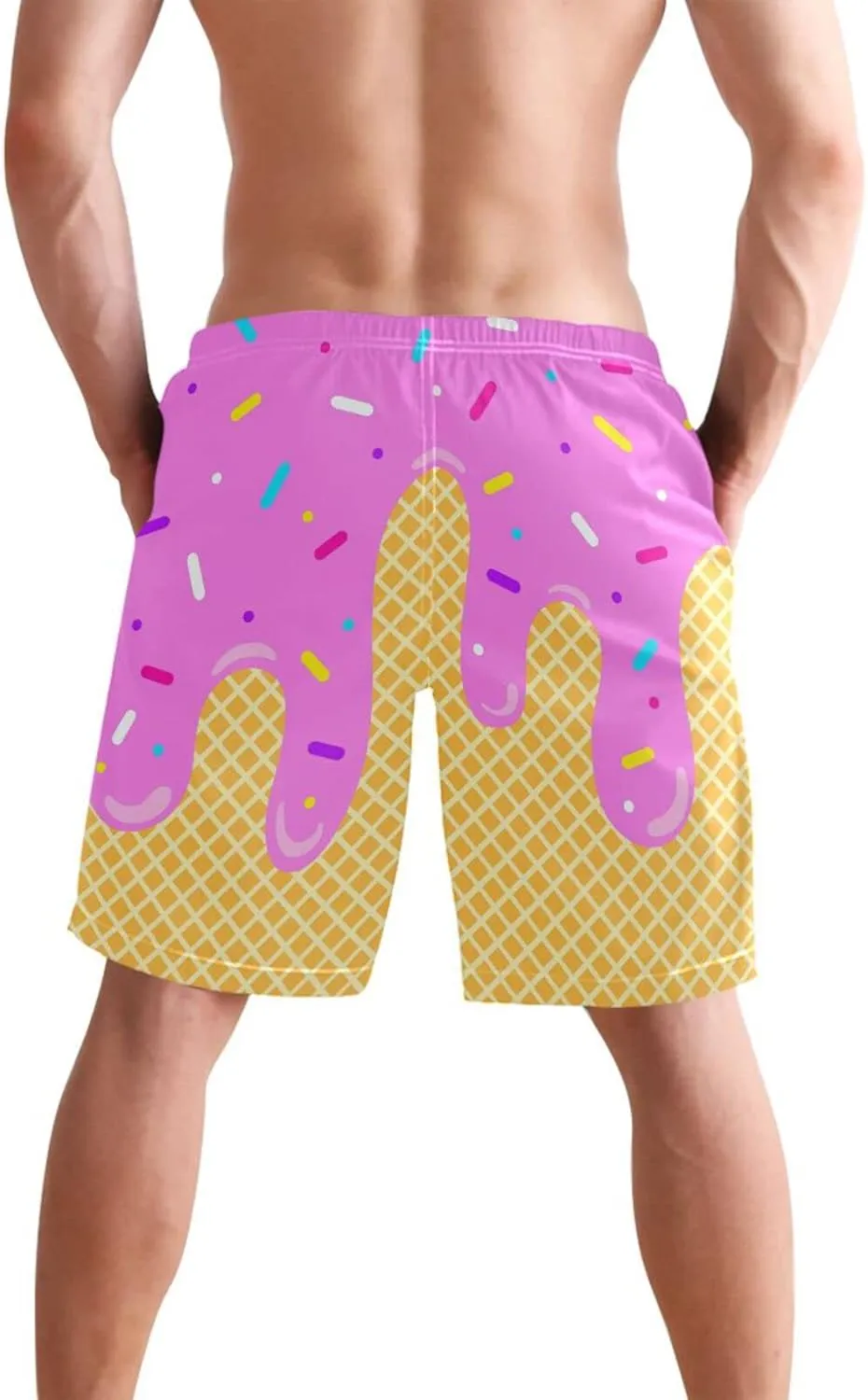 Boccsty Ice Cream Melts Cones Men's Boy's Novelty Beach Shorts Swim Trunks Summer Quick Dry Bathing Suits S-XXL