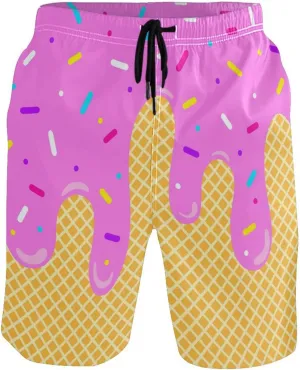 Boccsty Ice Cream Melts Cones Men's Boy's Novelty Beach Shorts Swim Trunks Summer Quick Dry Bathing Suits S-XXL