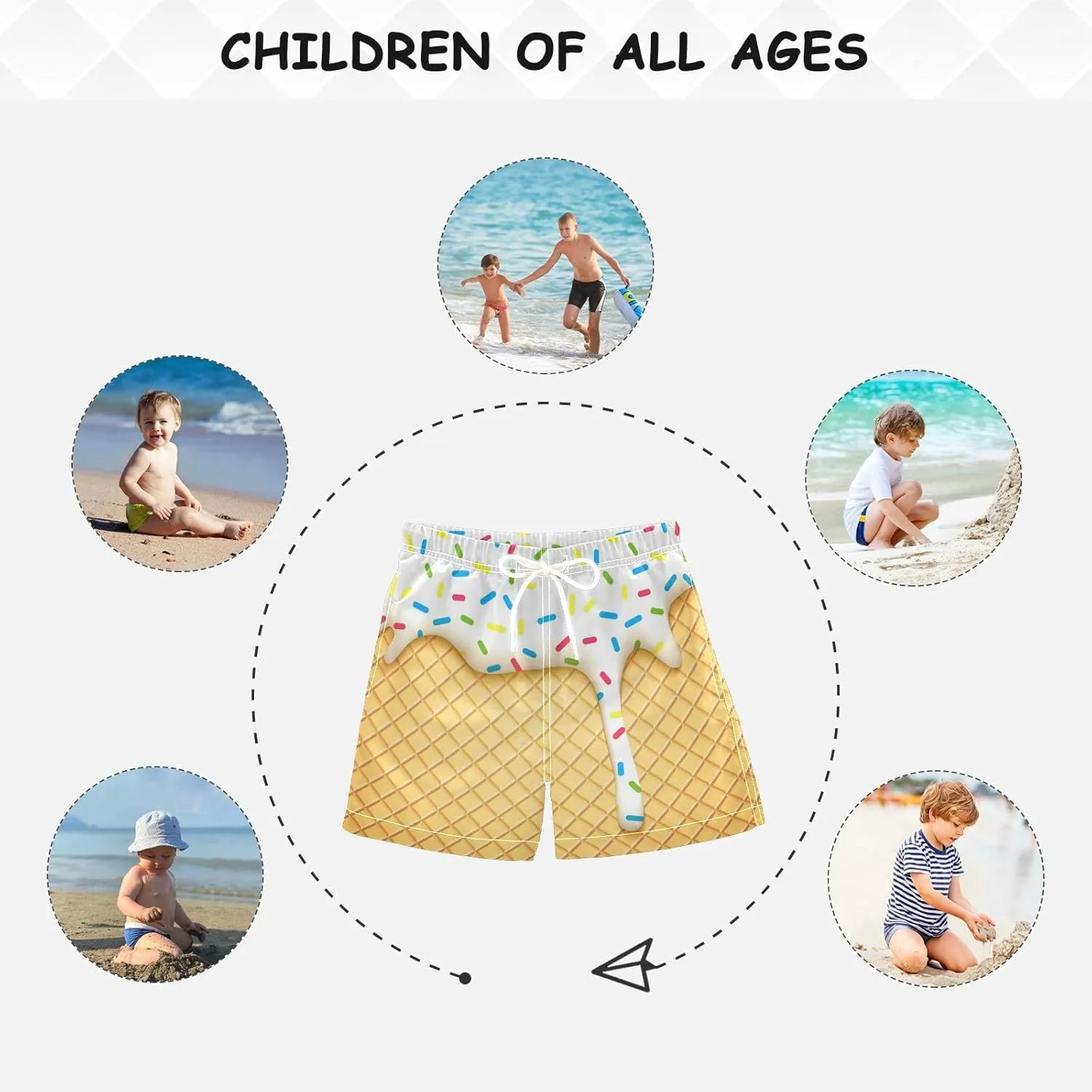 Boys Swim Trunks with Boxer Brief Liner, Ice Cream Cone Boys Swimwear Quick Dry Bathing Suit Toddler Swim Trunks