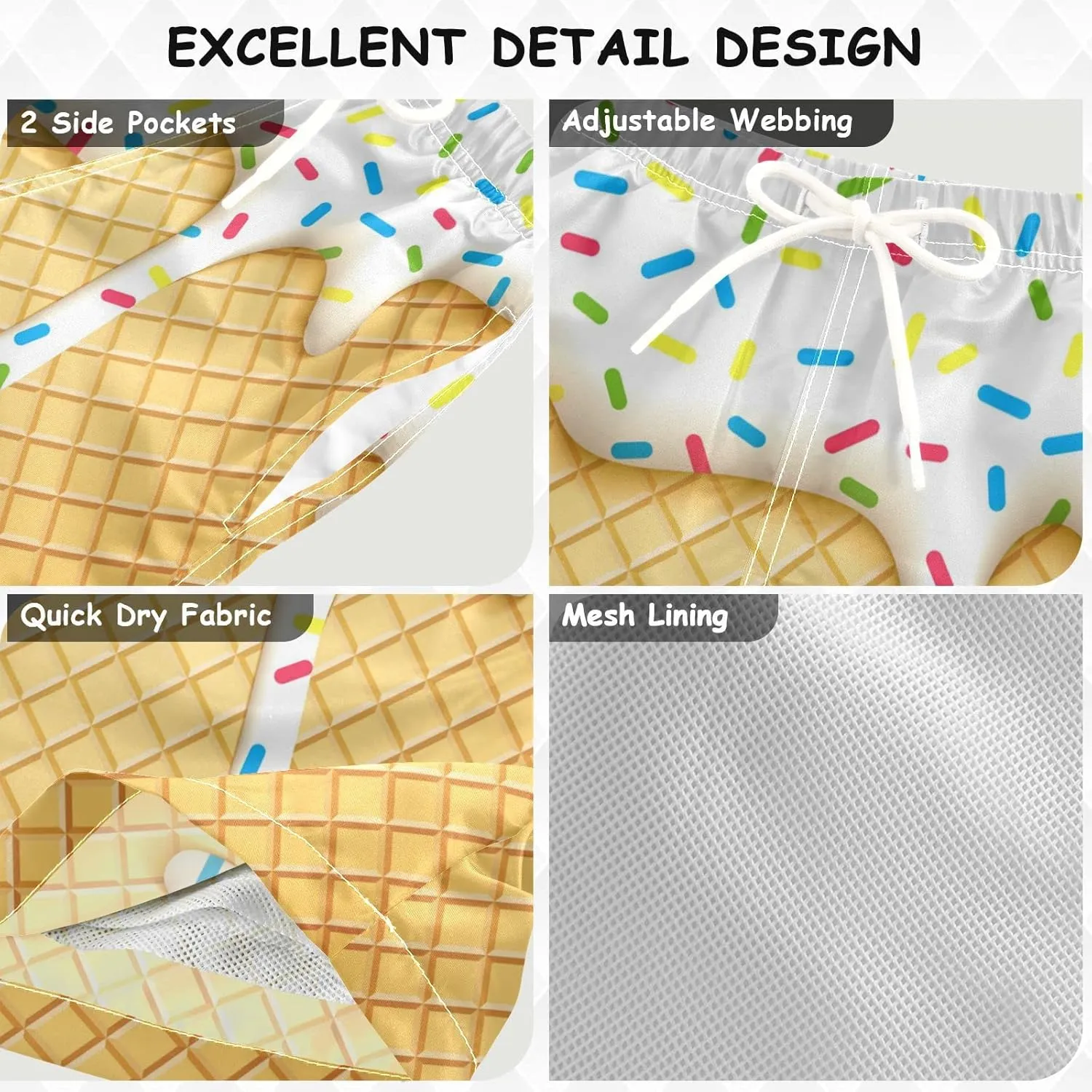 Boys Swim Trunks with Boxer Brief Liner, Ice Cream Cone Boys Swimwear Quick Dry Bathing Suit Toddler Swim Trunks