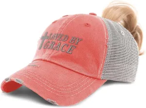 Custom Womens Ponytail Cap Saved by Grace Jesus Christian Embroidery Cotton