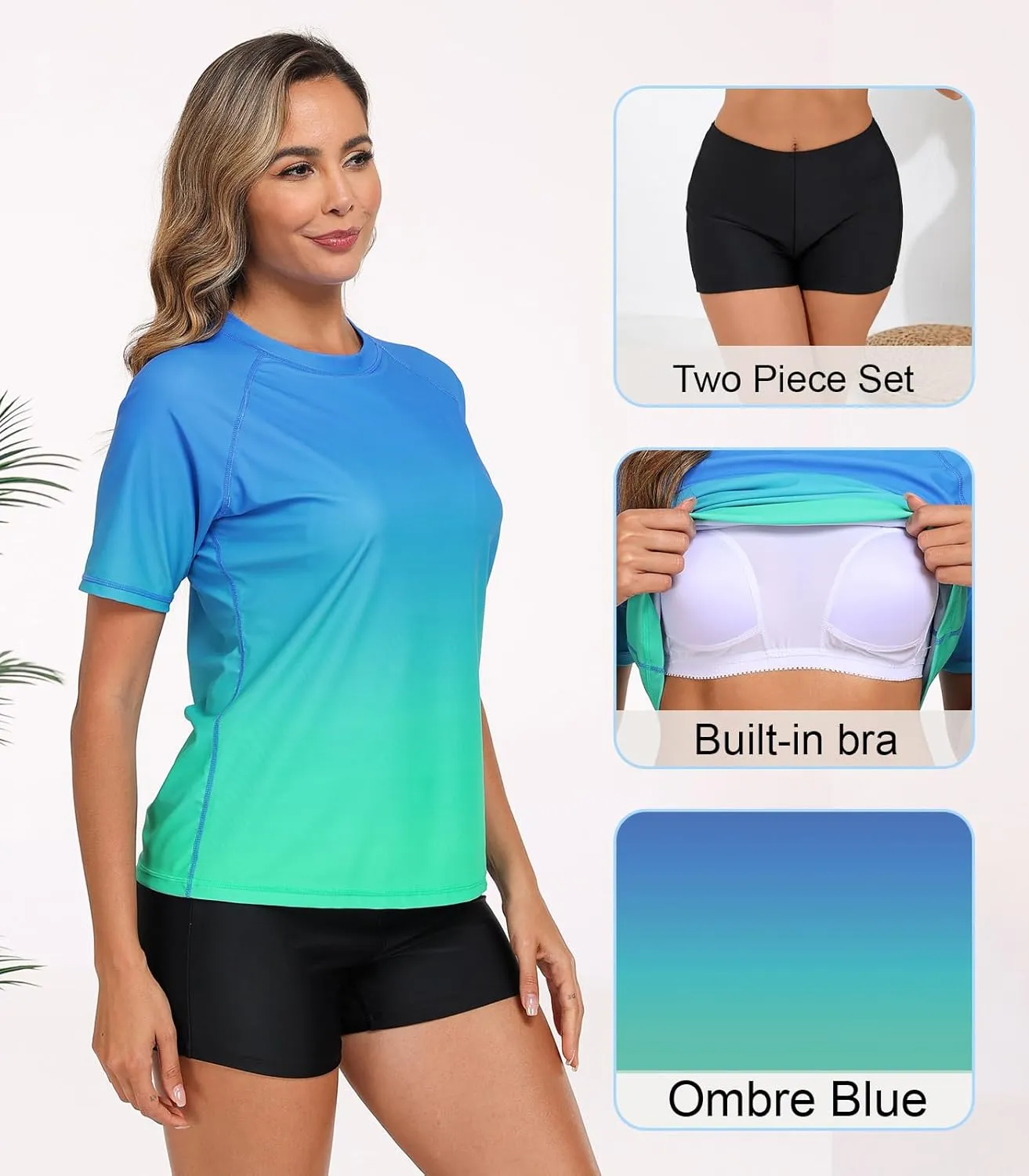 Halcurt Women's Built in Bra Rash Guard UPF 50 Two Piece Swimsuit Shirt and Board Shorts