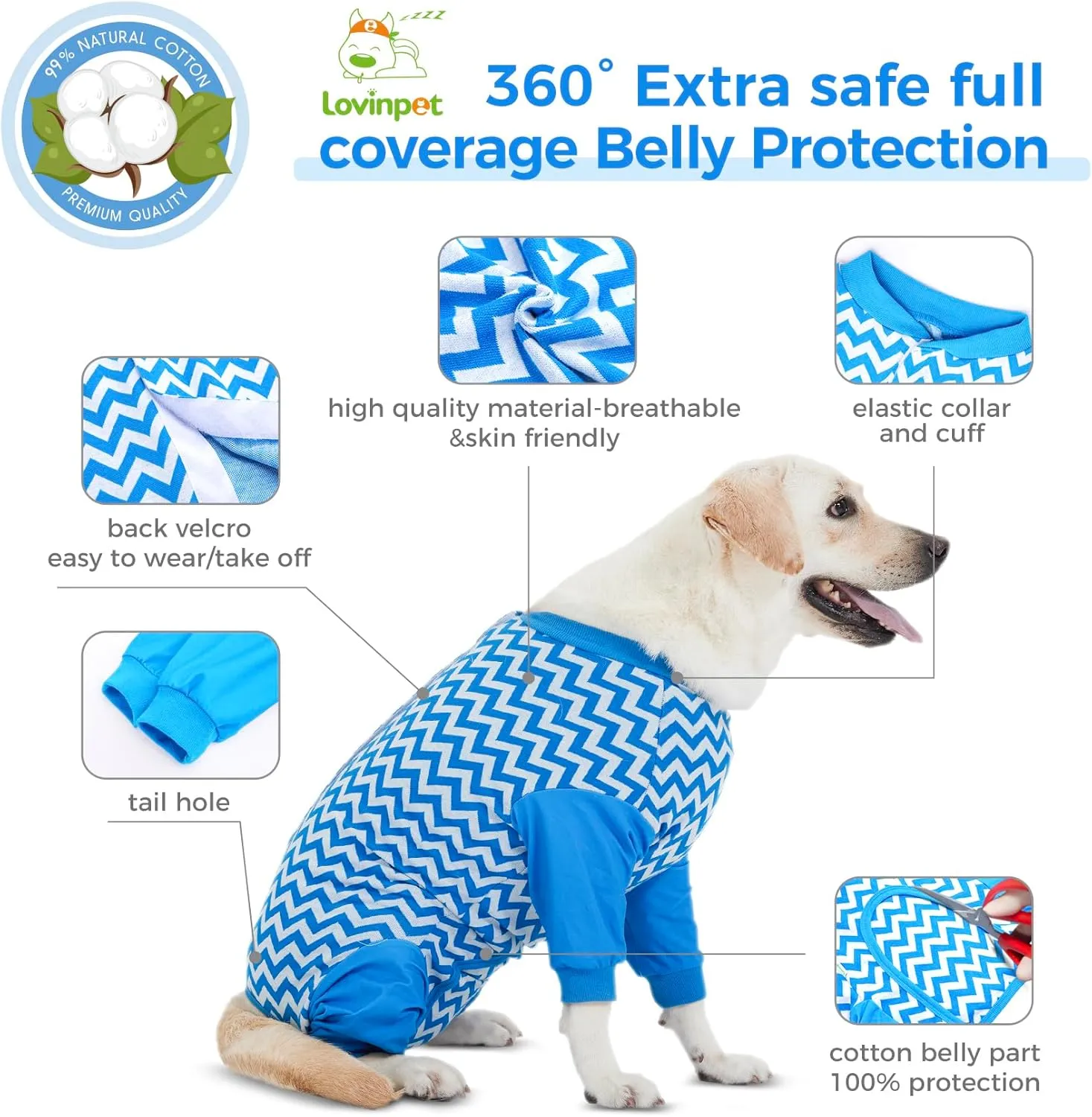 LovinPet Dog Recovery Suit for Large Medium Dogs Dog Bodysuit for Abdominal Wound After Surgery Leg wrap,Wavy Blue,Post-Operative Vest E-Collar Alternative Cut-Out Design of Abdomen,3XL