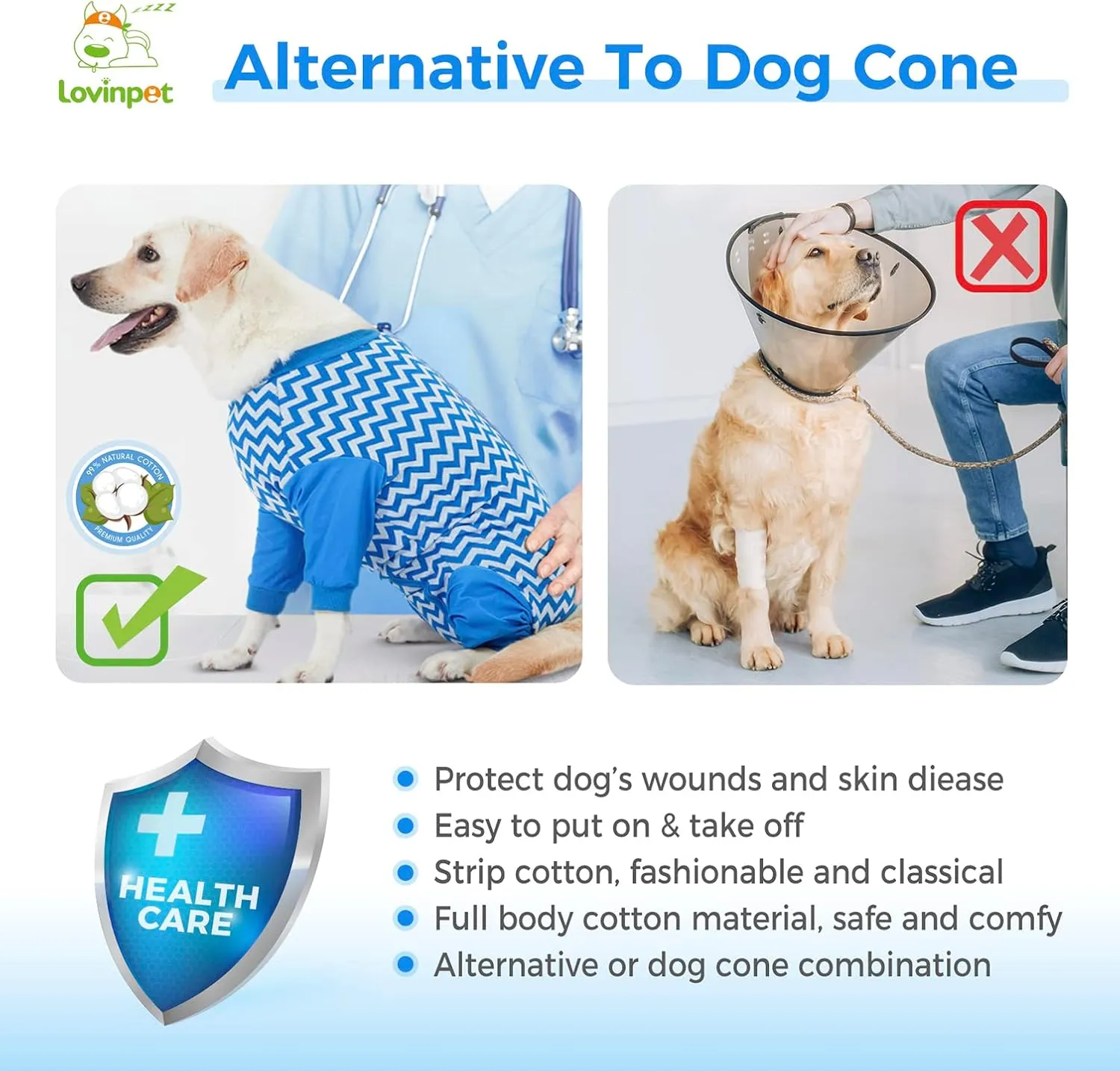 LovinPet Dog Recovery Suit for Large Medium Dogs Dog Bodysuit for Abdominal Wound After Surgery Leg wrap,Wavy Blue,Post-Operative Vest E-Collar Alternative Cut-Out Design of Abdomen,3XL