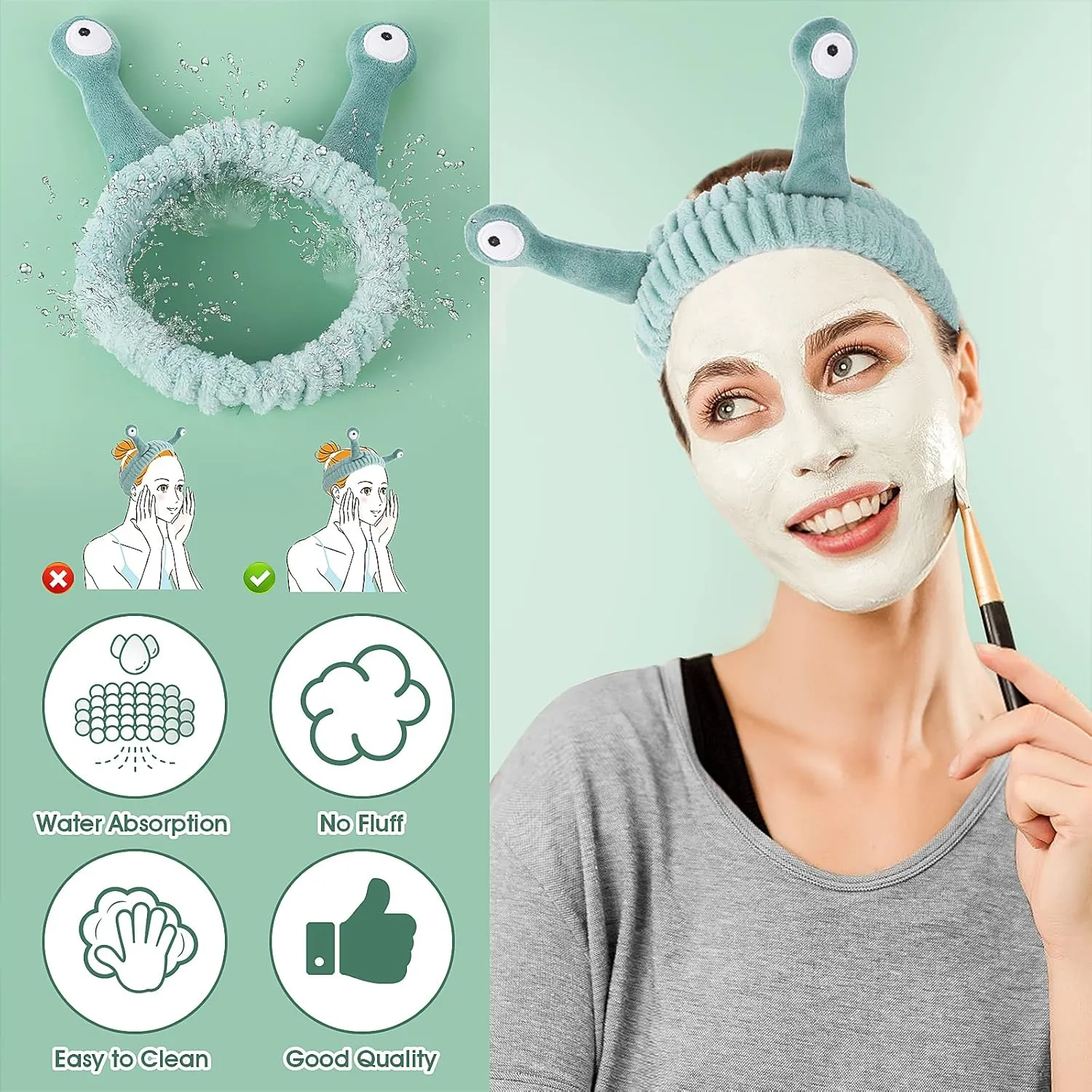 Molain Face Wash Headband, Palm and Snail Spa Hair Bands Makeup Headbands Women Cartoon Cute Coral Fleece Elastic Headband Creative Hair Accessories for Washing Face Shower Beauty Skincare
