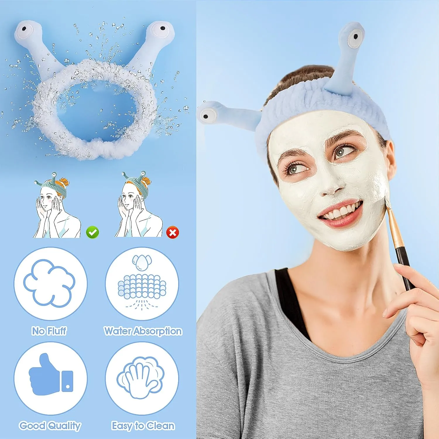 Molain Snail Headband, Face Wash Spa Hair Bands Makeup Headbands Women Cartoon Cute Coral Fleece Elastic Headband Creative Accessories for Washing Shower Sports Beauty Skincare, Blue (ML-7YREV2)