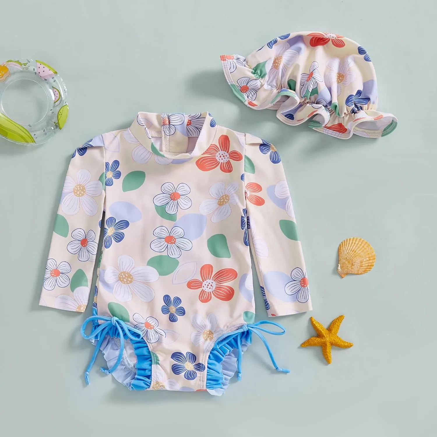 pengnight Toddler Baby Girl Swimsuit One-Piece Long Sleeve Ruffle Floral Print Rash Guard Zipper Bathing Suit