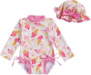 pengnight Toddler Baby Girl Swimsuit One-Piece Long Sleeve Ruffle Floral Print Rash Guard Zipper Bathing Suit