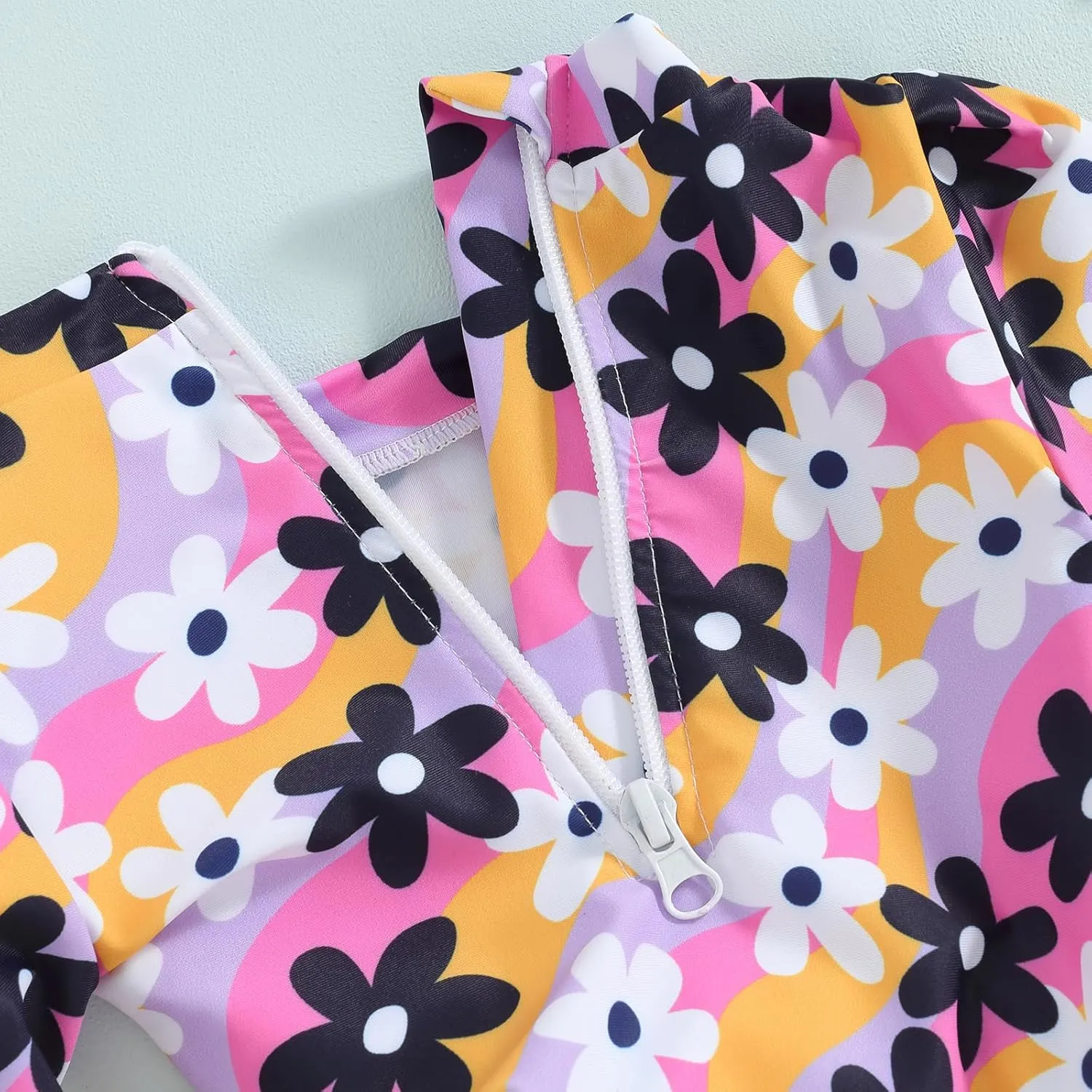 pengnight Toddler Baby Girl Swimsuit One-Piece Long Sleeve Ruffle Floral Print Rash Guard Zipper Bathing Suit
