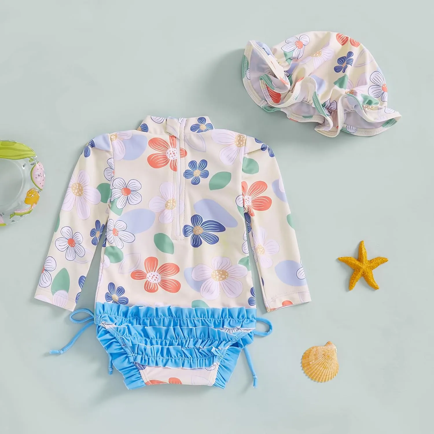 pengnight Toddler Baby Girl Swimsuit One-Piece Long Sleeve Ruffle Floral Print Rash Guard Zipper Bathing Suit