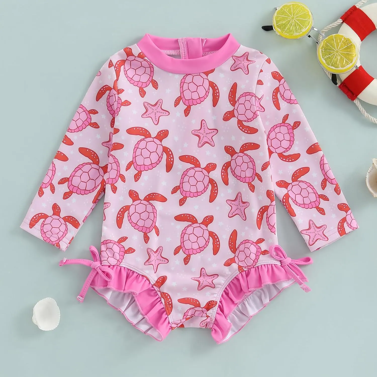 pengnight Toddler Baby Girl Swimsuit One-Piece Long Sleeve Ruffle Floral Print Rash Guard Zipper Bathing Suit