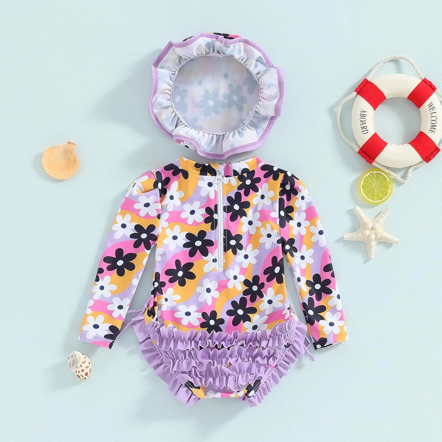 pengnight Toddler Baby Girl Swimsuit One-Piece Long Sleeve Ruffle Floral Print Rash Guard Zipper Bathing Suit