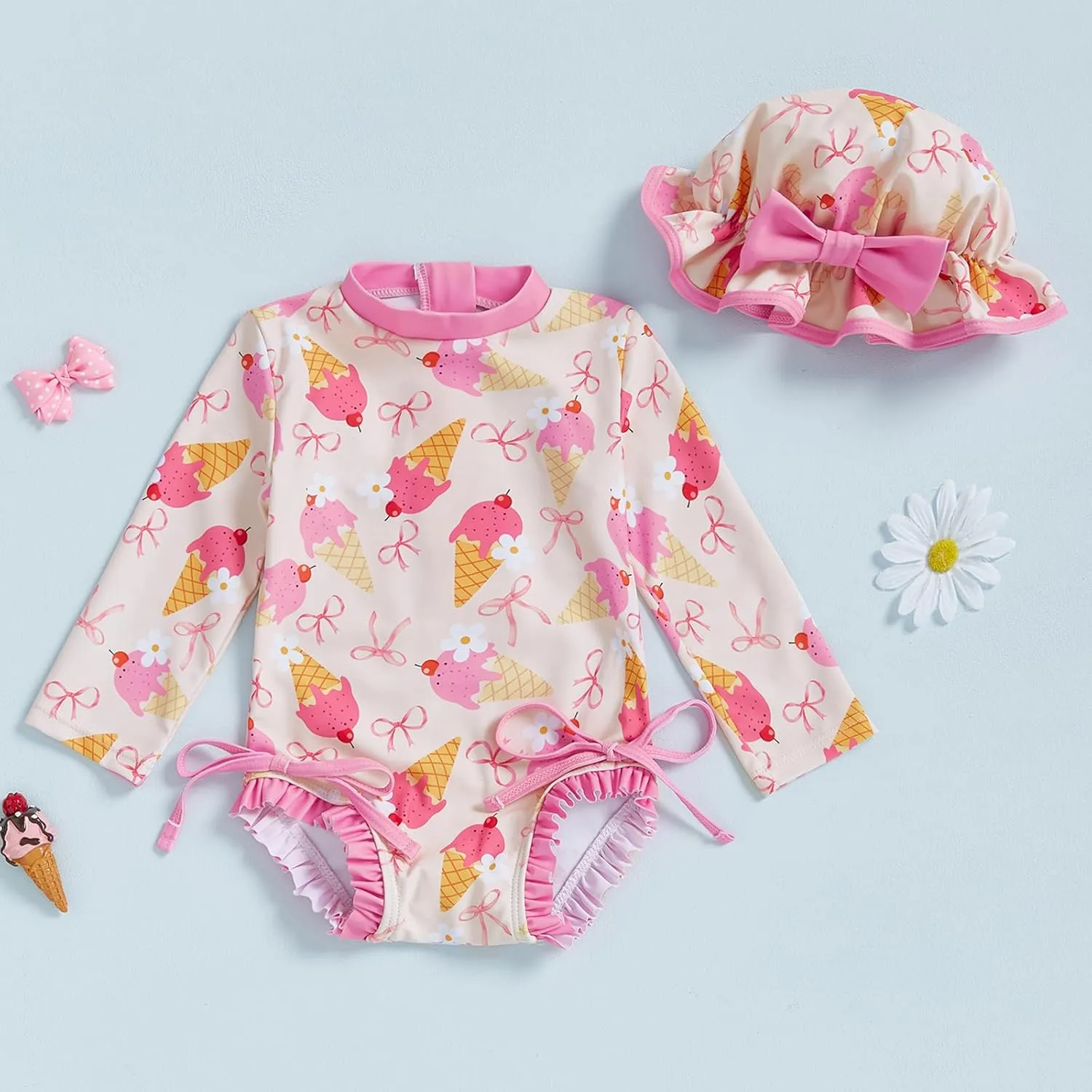 pengnight Toddler Baby Girl Swimsuit One-Piece Long Sleeve Ruffle Floral Print Rash Guard Zipper Bathing Suit