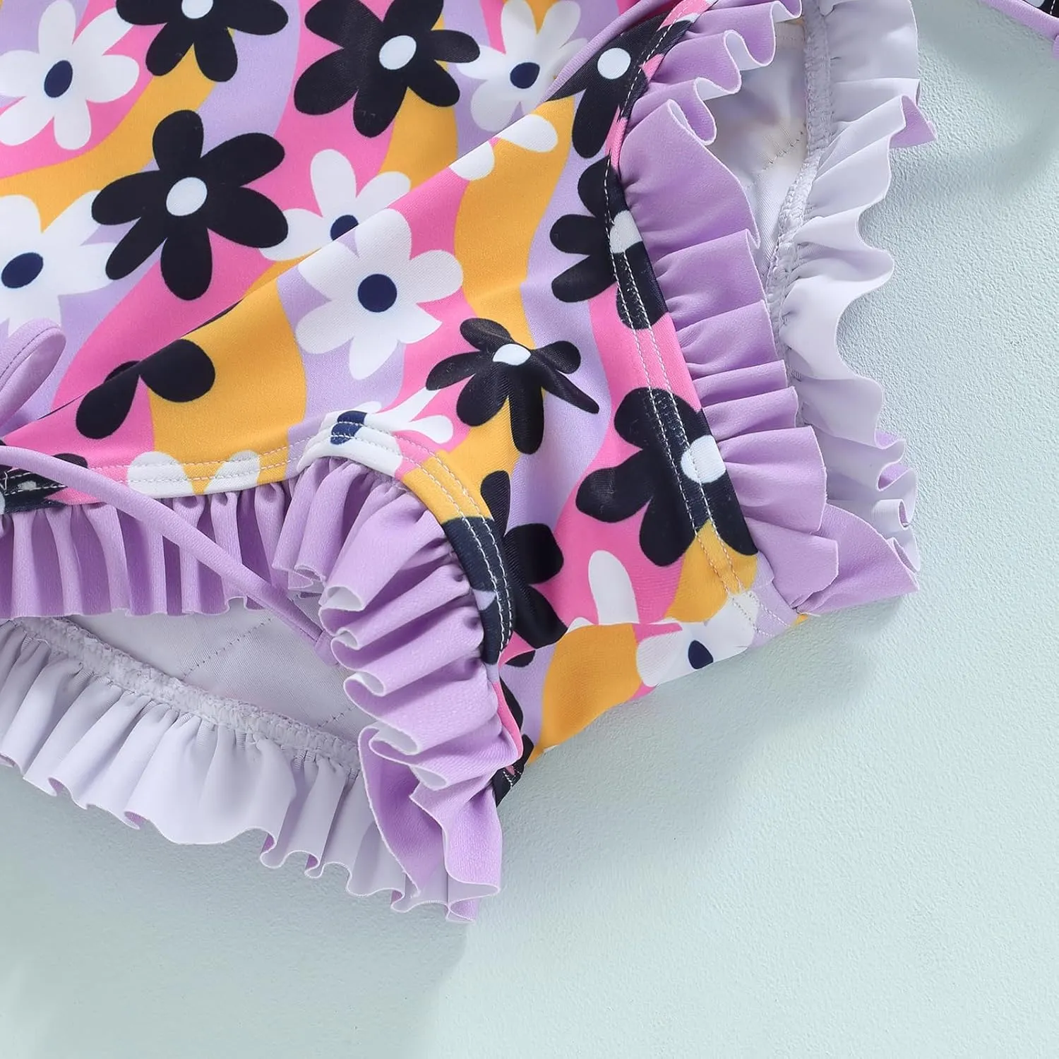 pengnight Toddler Baby Girl Swimsuit One-Piece Long Sleeve Ruffle Floral Print Rash Guard Zipper Bathing Suit