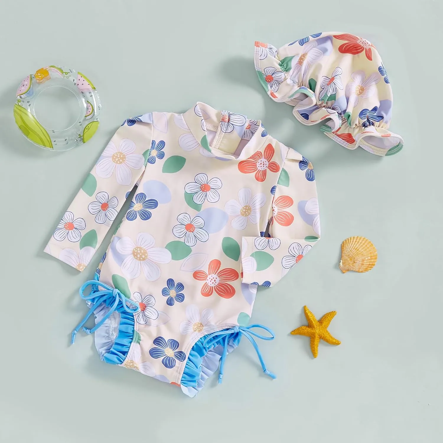 pengnight Toddler Baby Girl Swimsuit One-Piece Long Sleeve Ruffle Floral Print Rash Guard Zipper Bathing Suit