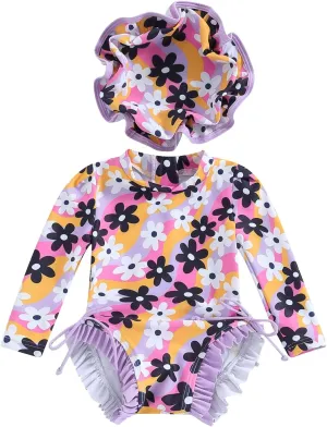 pengnight Toddler Baby Girl Swimsuit One-Piece Long Sleeve Ruffle Floral Print Rash Guard Zipper Bathing Suit