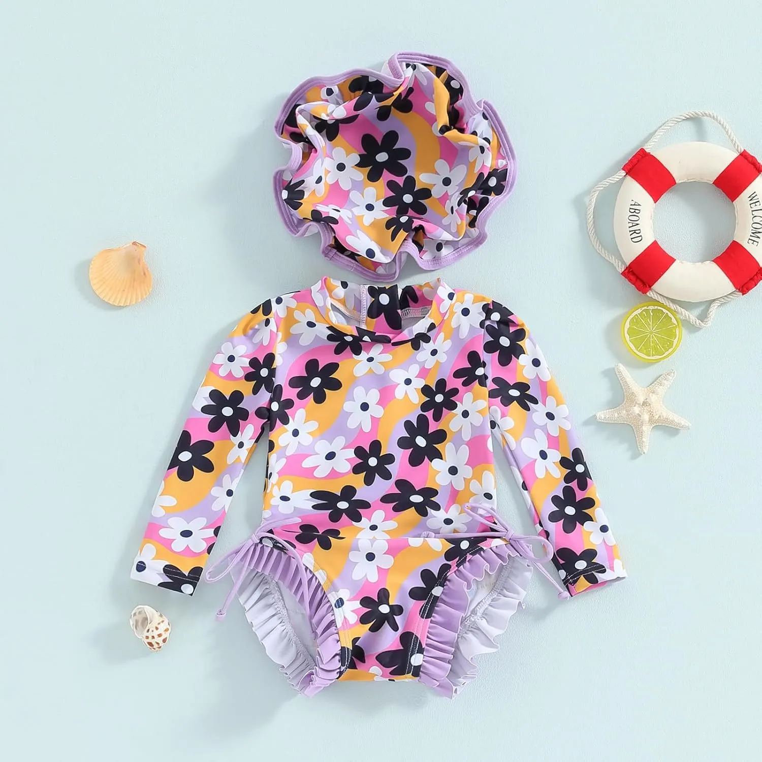 pengnight Toddler Baby Girl Swimsuit One-Piece Long Sleeve Ruffle Floral Print Rash Guard Zipper Bathing Suit
