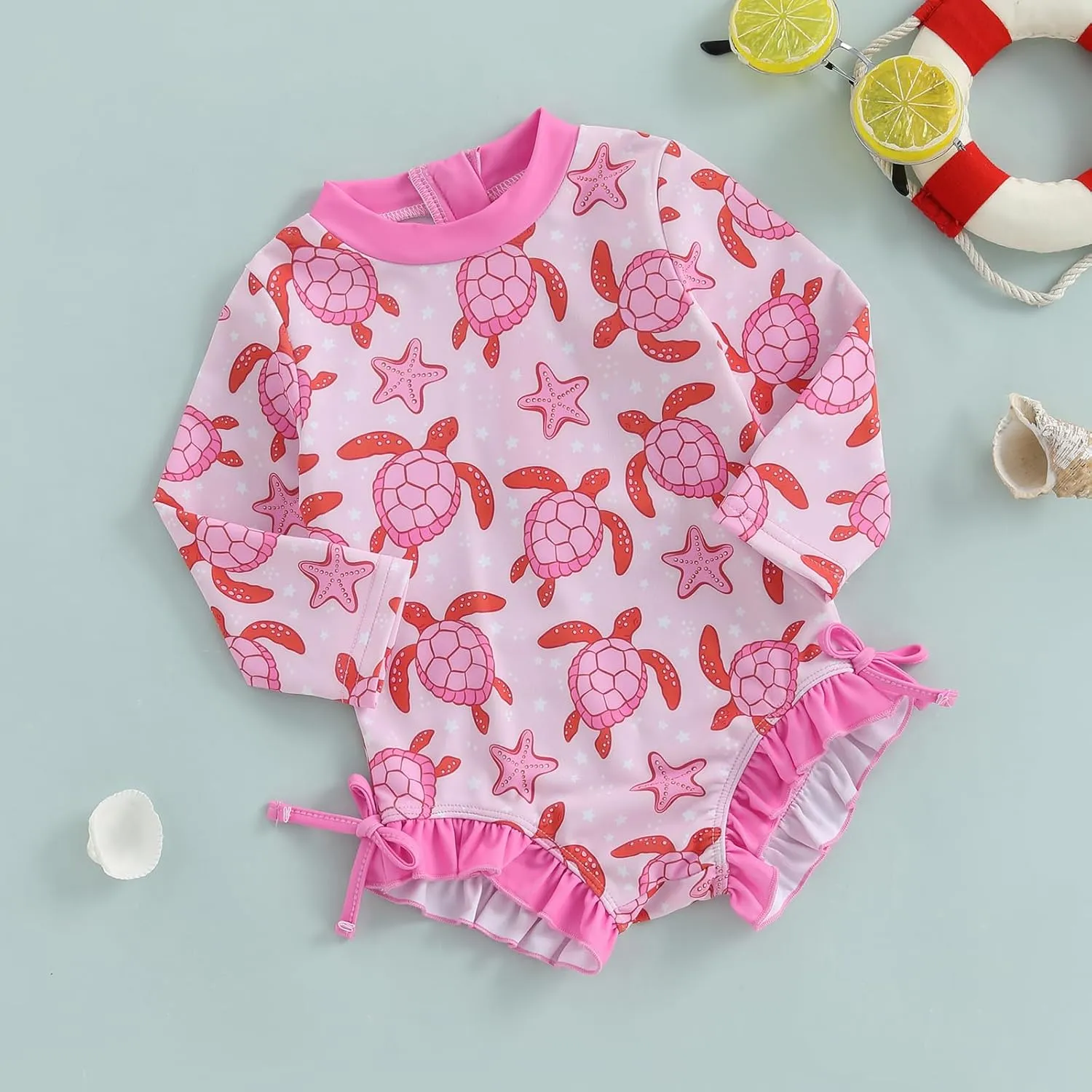 pengnight Toddler Baby Girl Swimsuit One-Piece Long Sleeve Ruffle Floral Print Rash Guard Zipper Bathing Suit