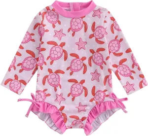 pengnight Toddler Baby Girl Swimsuit One-Piece Long Sleeve Ruffle Floral Print Rash Guard Zipper Bathing Suit