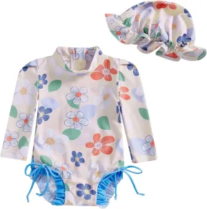 pengnight Toddler Baby Girl Swimsuit One-Piece Long Sleeve Ruffle Floral Print Rash Guard Zipper Bathing Suit