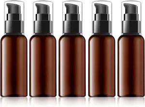 RAYNAG 5 Pack Travel Pump Bottles Empty Refillable Plastic Pump Bottle Spray Bottle Dispenser With Black Cap for Lotion Cream Essential Oil Travel Container, 50ml/1.7oz (Brown)