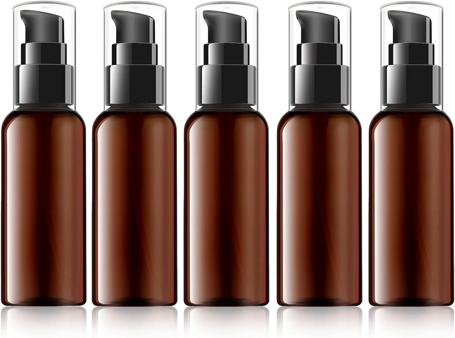 RAYNAG 5 Pack Travel Pump Bottles Empty Refillable Plastic Pump Bottle Spray Bottle Dispenser With Black Cap for Lotion Cream Essential Oil Travel Container, 50ml/1.7oz (Brown)