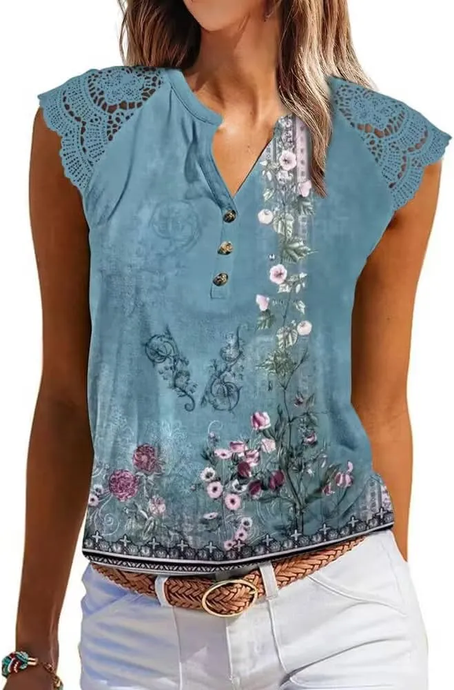 Women's Tank Tops Lace Cap Sleeve Button Down V Neck Summer Casual Loose Fit 2025 Trendy Cute Sleeveless Shirts Blouse