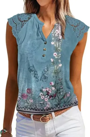Women's Tank Tops Lace Cap Sleeve Button Down V Neck Summer Casual Loose Fit 2025 Trendy Cute Sleeveless Shirts Blouse
