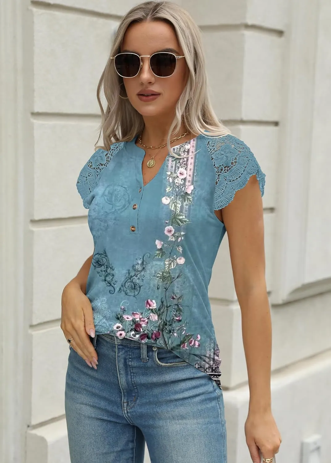 Women's Tank Tops Lace Cap Sleeve Button Down V Neck Summer Casual Loose Fit 2025 Trendy Cute Sleeveless Shirts Blouse