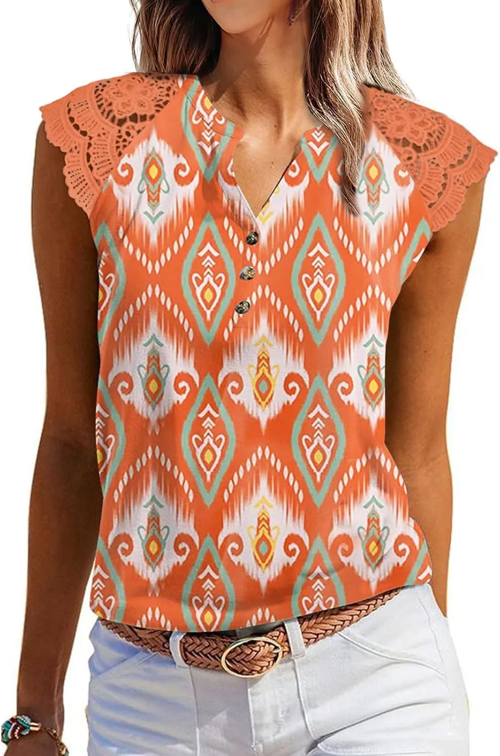 Women's Tank Tops Lace Cap Sleeve Button Down V Neck Summer Casual Loose Fit 2025 Trendy Cute Sleeveless Shirts Blouse