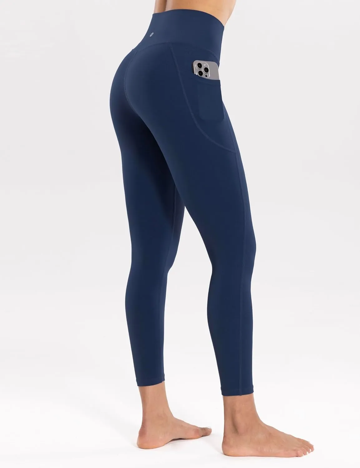Workout Leggings with Pockets for Women High Waist Yoga Pants 7/8 Cream Soft Lightweight Athletic Gym Tights 25"