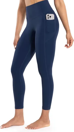 Workout Leggings with Pockets for Women High Waist Yoga Pants 7/8 Cream Soft Lightweight Athletic Gym Tights 25"