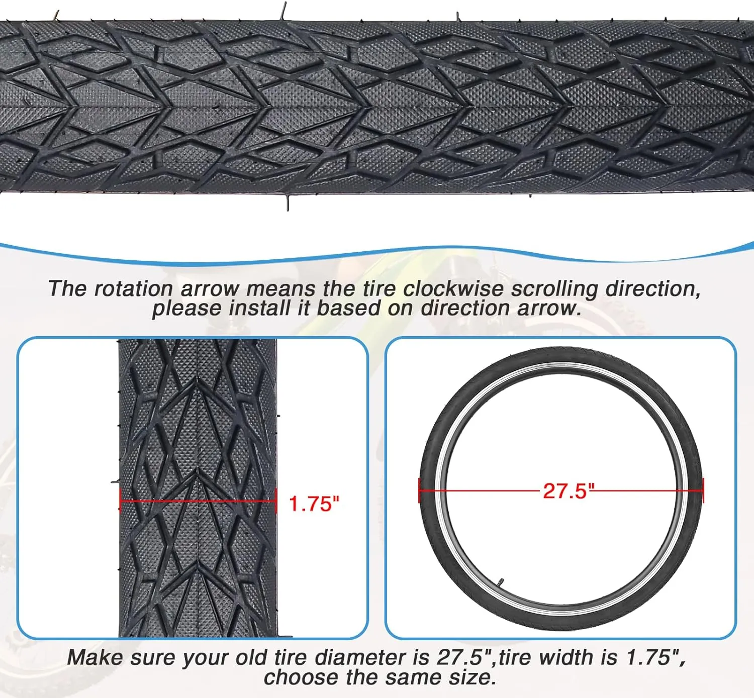 ZUKKA Bike Tire 20x1.75/20x2.125/24x1.75/26x1.75/27.5x1.75 Inch Replacement Bike Tire for Mountain Bike Cruiser Bike